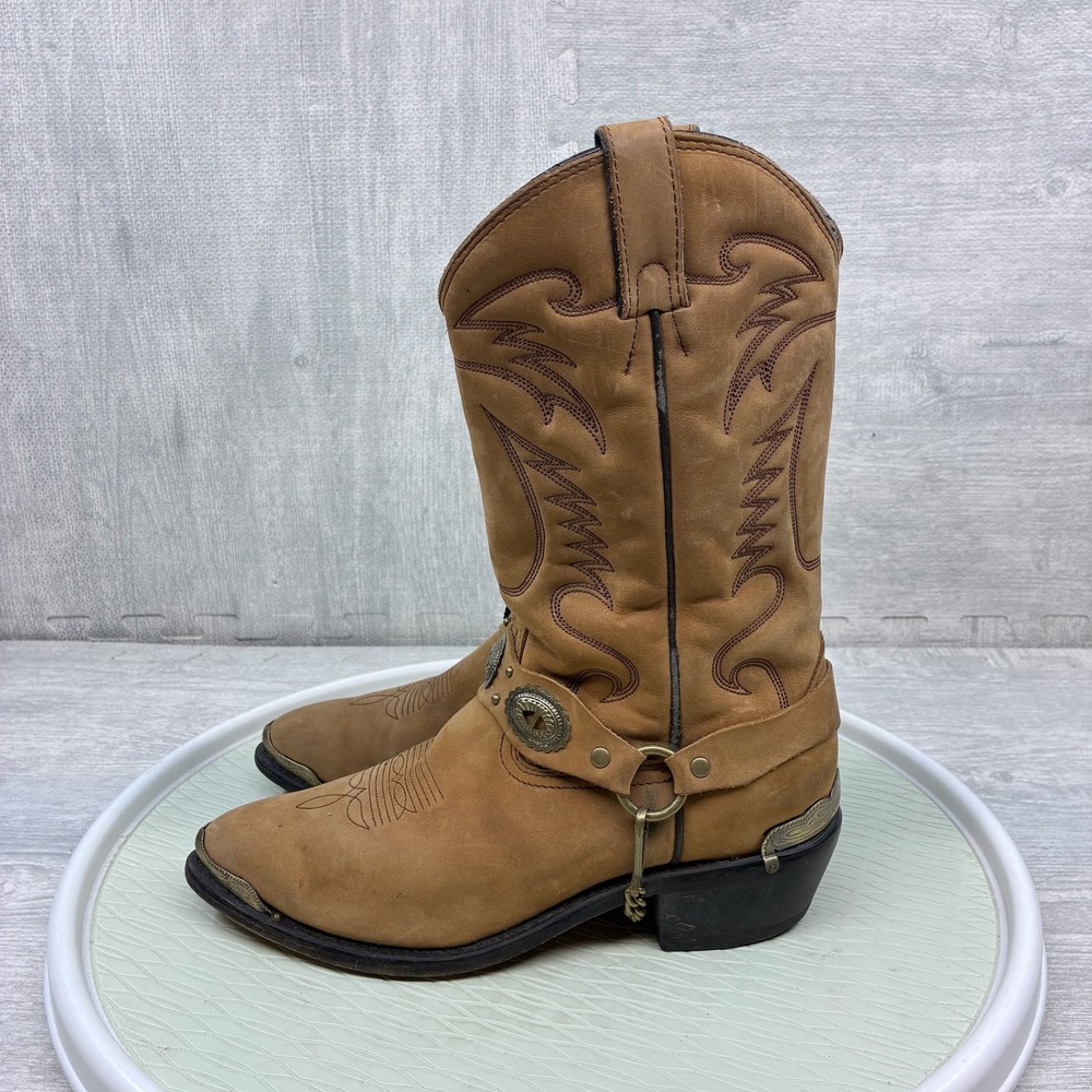 Vintage Cowboy Western Boots Mens 10 Tan Leather Harness Concho Western Chain
